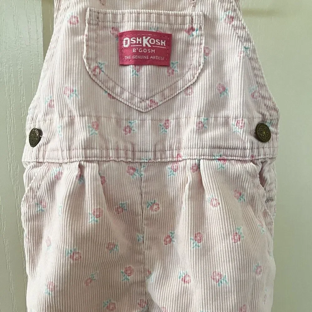 Vintage Oshkosh B'gosh Pink Floral Corduroy Overalls with Feet USA SZ 3-6 Months